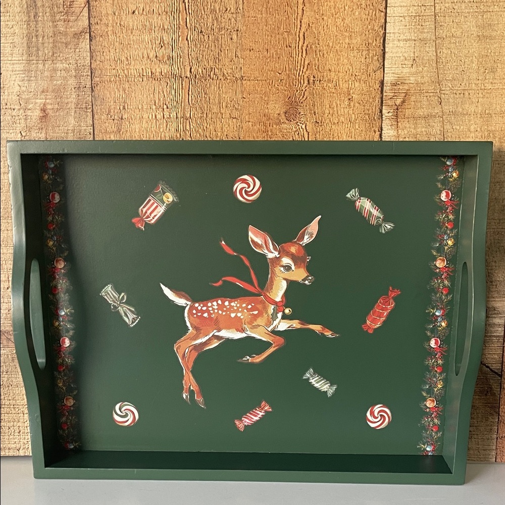 Upcycled Green Kitschy Holiday Deer Serving Tray